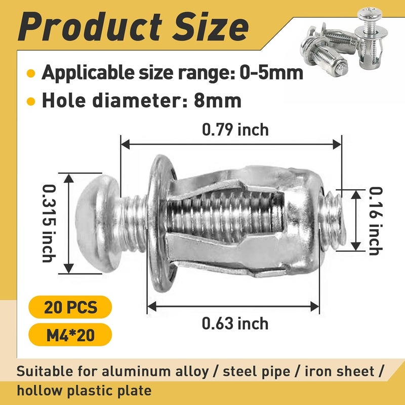 Iffitya 20Pcs M4 x 20 Hollow Door Anchor Set, Metal Cavity Fixing Anchors for Aluminium Cladding, Steel Pipe, Iron Sheet, Plastic Sheet (8 * 16MM) - Image 3